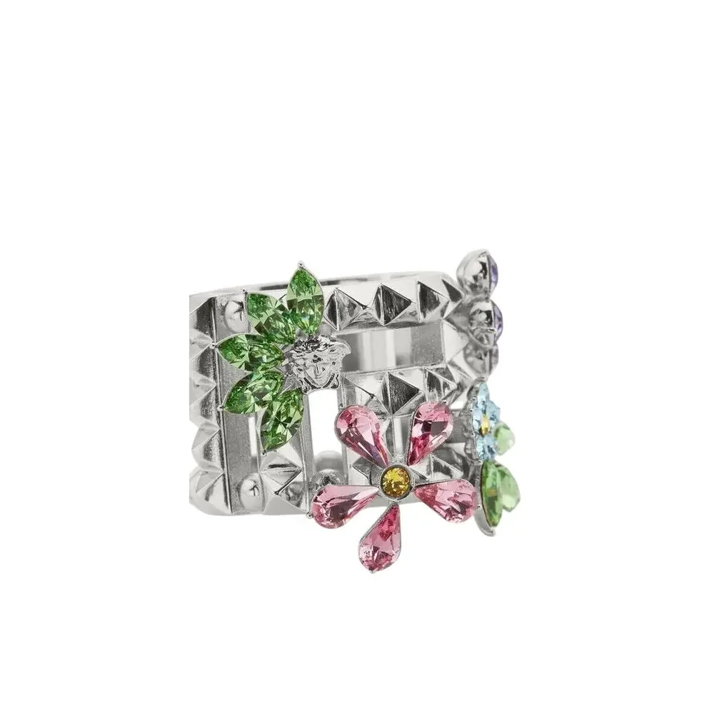 NIB Versace Multicolor Crystal Flower Bloom Ring Silver Tone IT 15 US 7 $675
